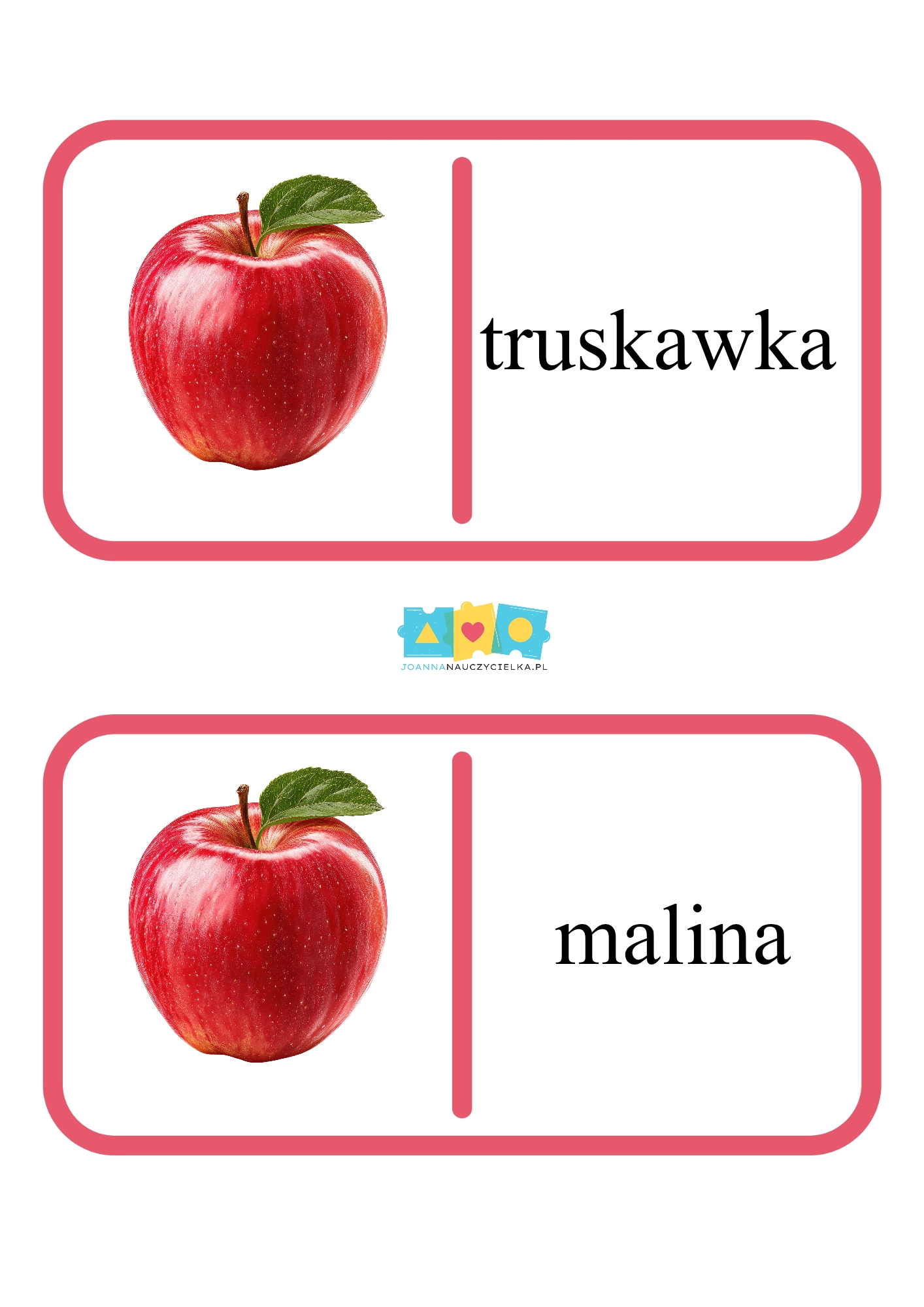 Karty z owocami do wydruku dla przedszkolaków